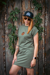 Damen Sommerkleid lang "Olive + LederPatch“