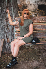 Damen Sommerkleid lang "Olive + LederPatch“